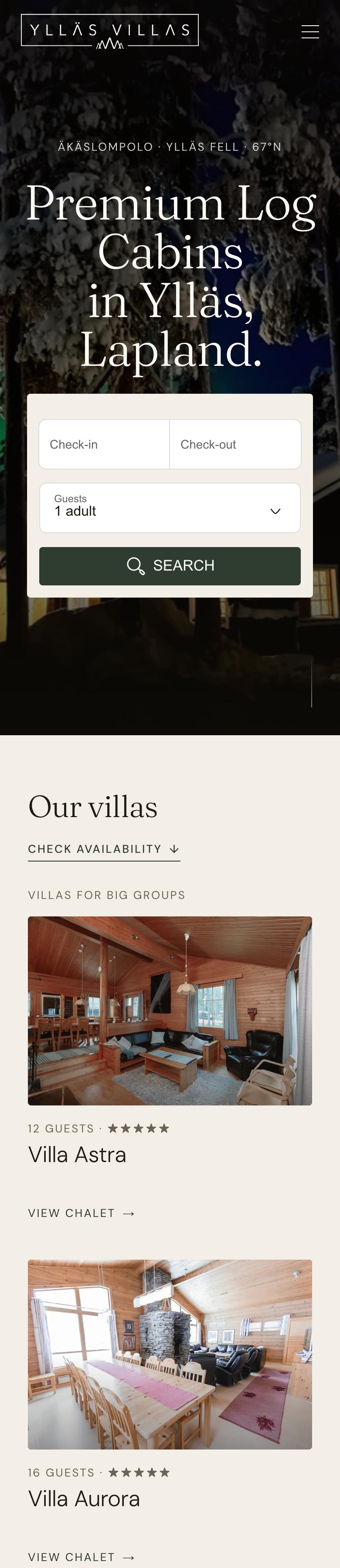 Full home page of the Ylläs Villas website on a phone, with the date and guest search over the night photo and the villas stacked below with their guest counts