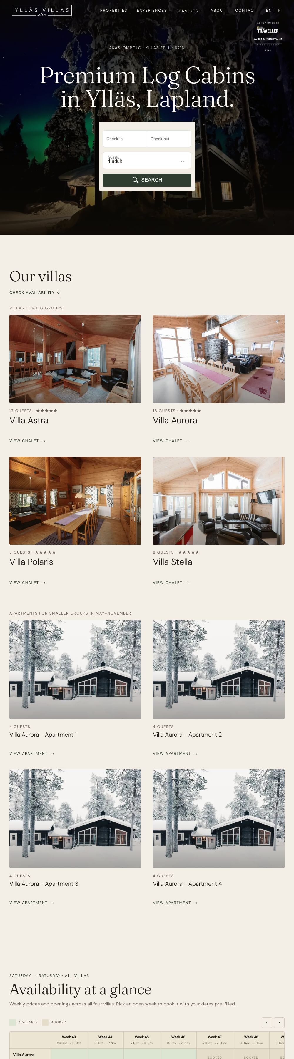 Full home page of the Ylläs Villas website on a desktop computer: log cabins under the northern lights with a date and guest search, four villas for big groups, four apartments, then the start of a week-by-week availability grid