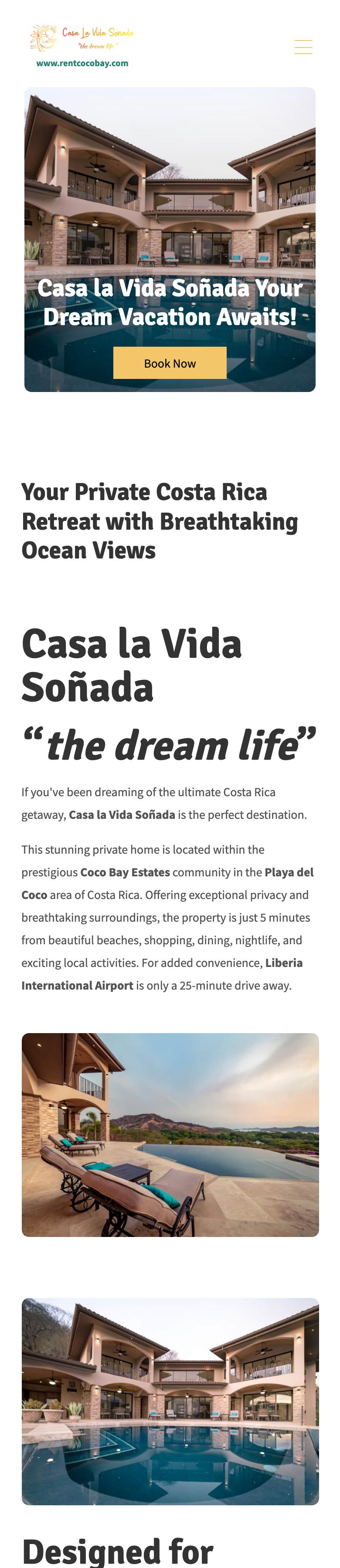 Phone view of the Casa la Vida Soñada home page, with the Book Now button over the opening photo and the text and photos stacked in one column
