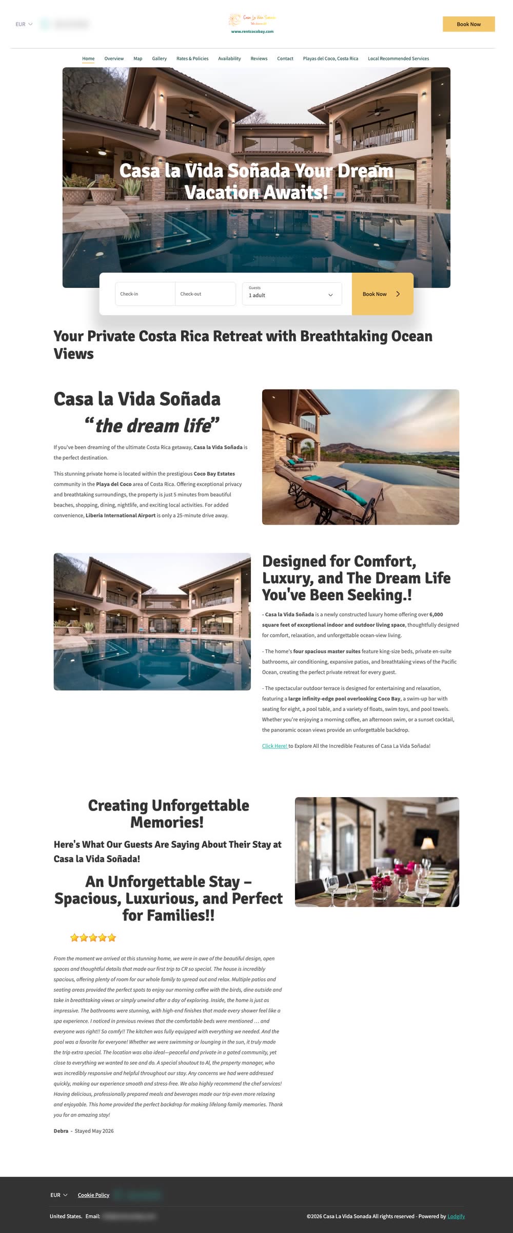 Desktop view of the Casa la Vida Soñada home page: villa and pool in the opening photo with a small dates-and-guests widget, then the description of the house and a guest review