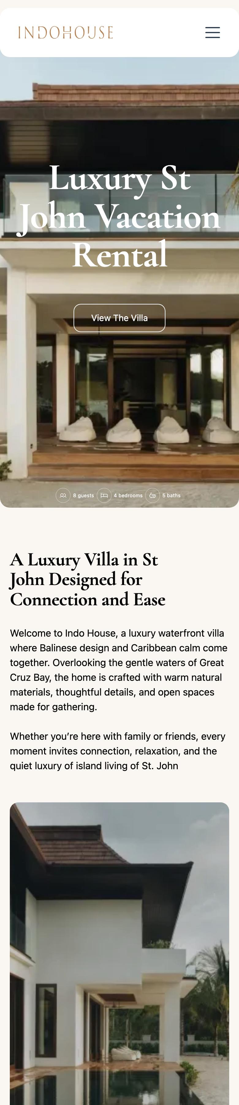 Phone view of the Indo House home page, with the headline over the opening photo and the sections stacked in one column