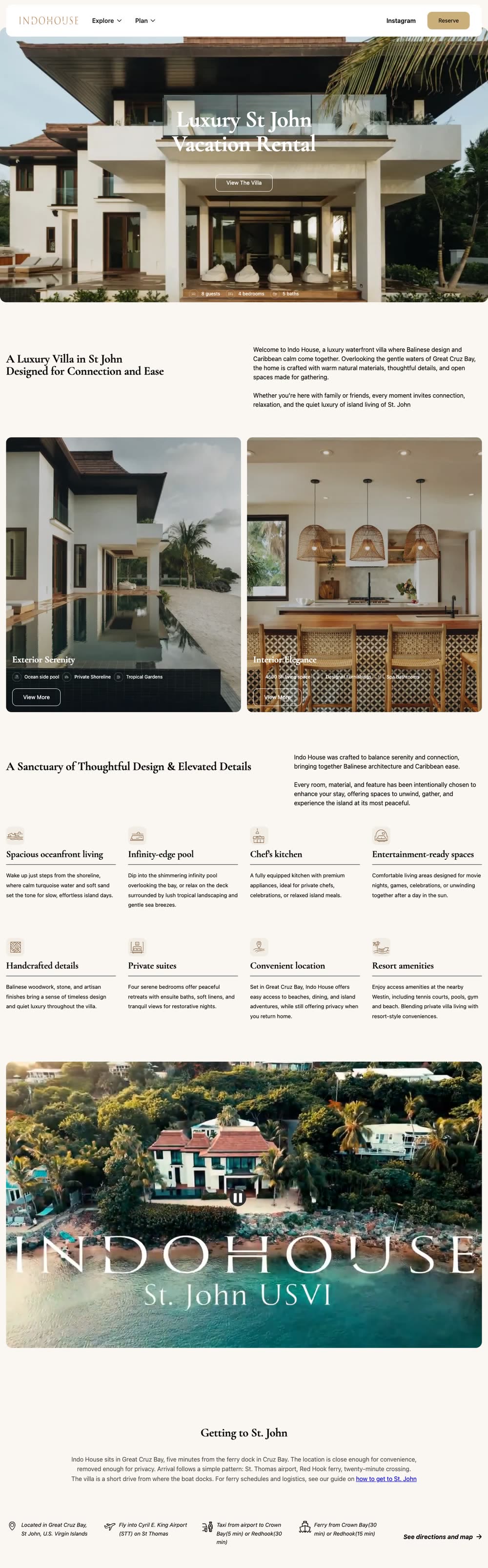 Desktop view of the Indo House home page: opening photo of the villa with the headline Luxury St John Vacation Rental, photo cards, a grid of eight features, an aerial video and a Getting to St. John section