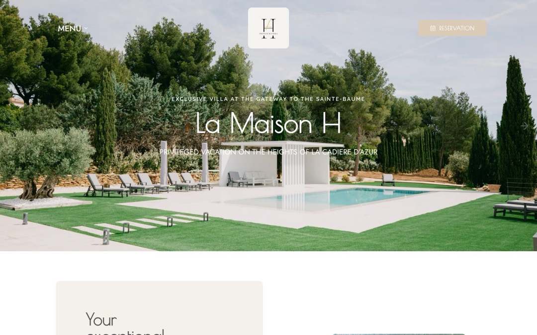 Opening photo of the La Maison H website: a villa with a clear pool, loungers and pines under a pale sky