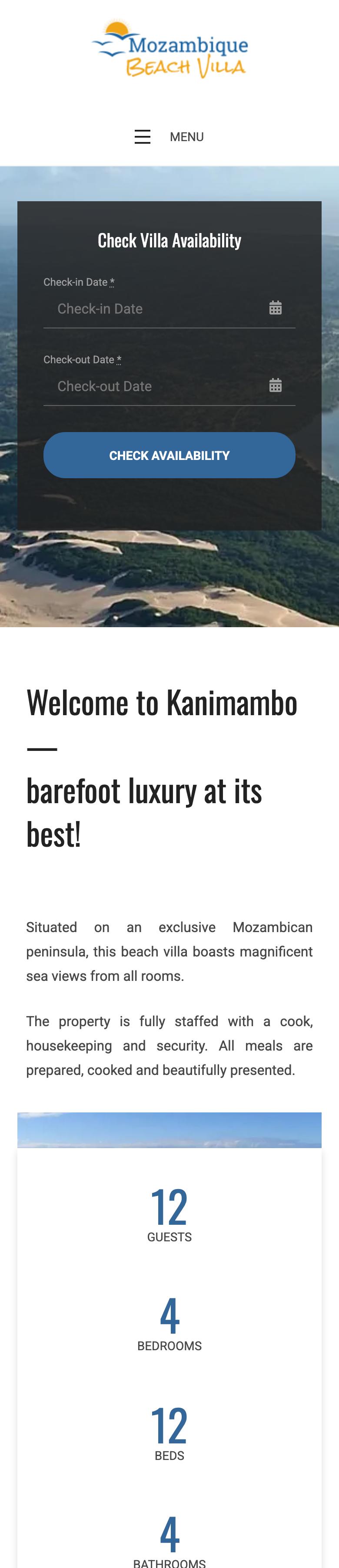Phone view of the Mozambique Beach Villa home page, with the availability form on the first screen and the capacity counters stacked one under the other