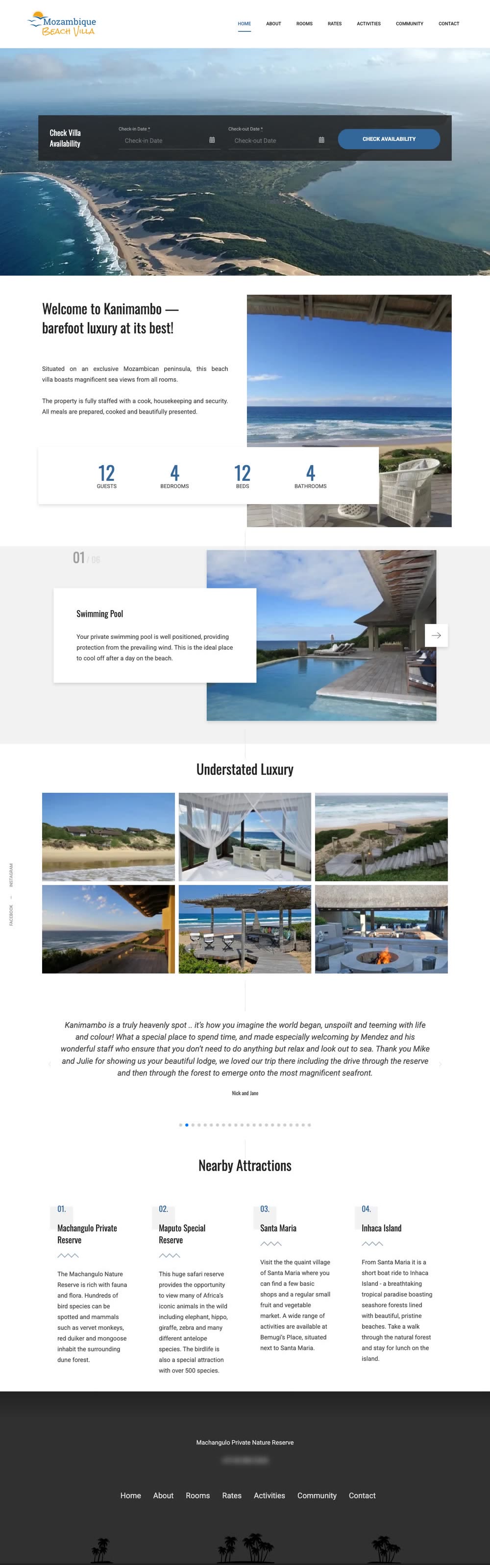 Desktop view of the Mozambique Beach Villa home page: aerial photo with an availability form, four capacity counters, a swimming pool slider, a photo grid, testimonials and nearby attractions