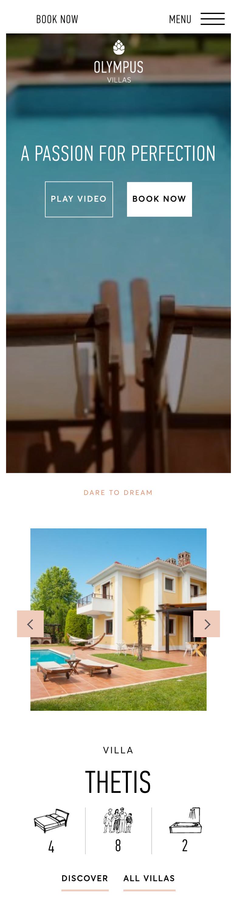 Phone view of the Olympus Villas home page, with the video opening and a villa card with its icons
