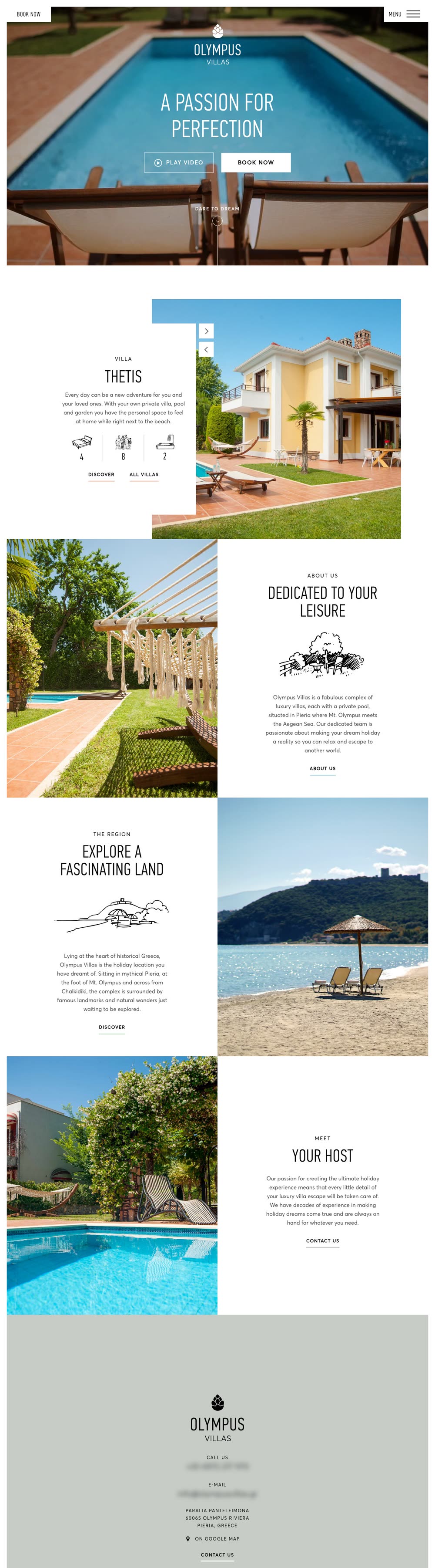 Desktop view of the Olympus Villas home page: a video opening, then a slider with one card per villa and its icons for bedrooms, guests and bathrooms