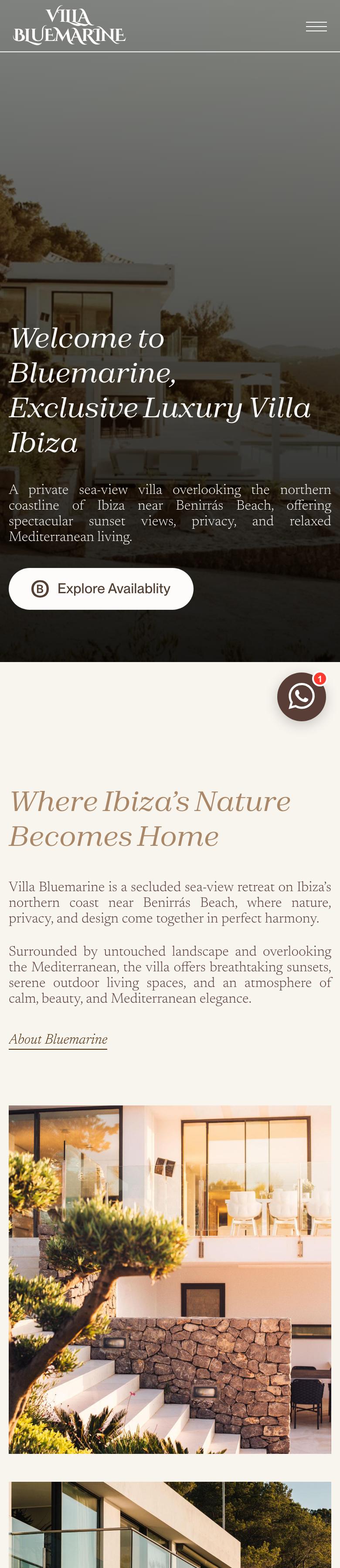 Phone view of the Villa Bluemarine home page, with the large photos and the facts table in one column