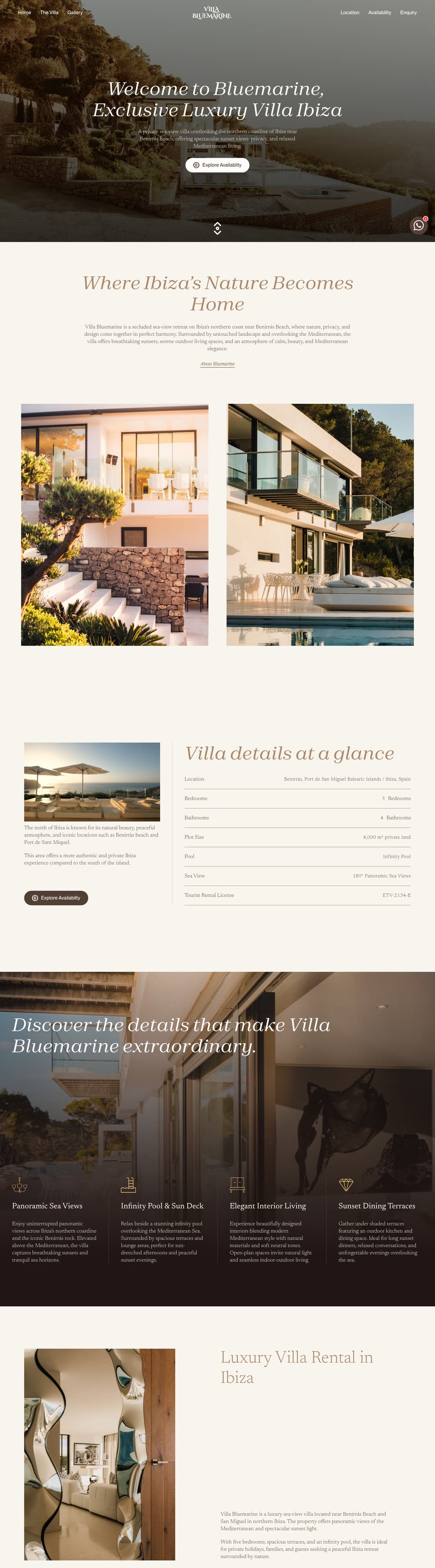 Desktop view of the Villa Bluemarine home page: sea-view opening photo, a story about the north of Ibiza, a Villa details at a glance table, then the panoramic views and the infinity pool