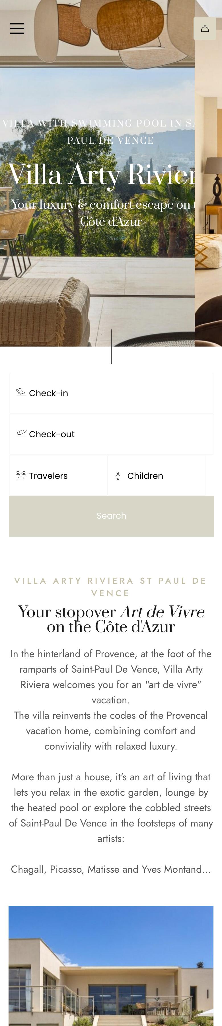 Full home page of the Villa Arty Riviera website on a phone, with the date and traveler bar under the opening photo
