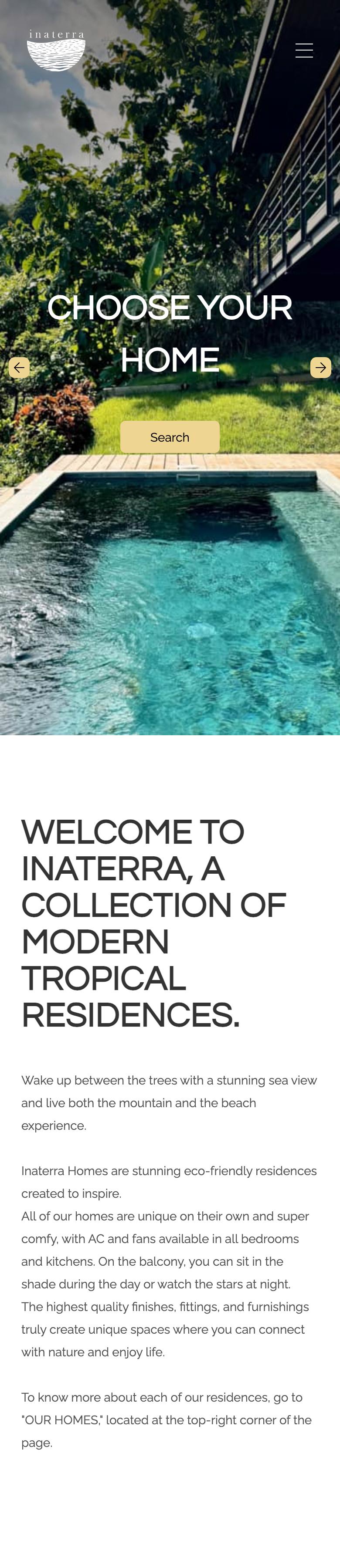 Full home page of the Inaterra Homes website on a phone, with the date search collapsed to a single Search button
