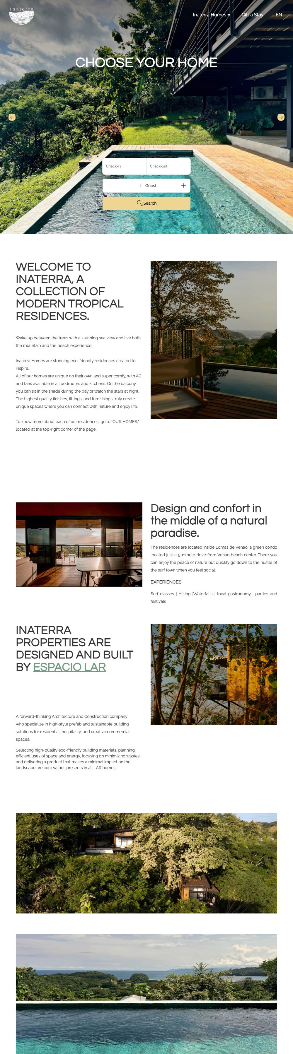 Full home page of the Inaterra Homes website on a desktop computer: “Choose your home” with a date search, then the modern eco-friendly homes, the story and the local experiences