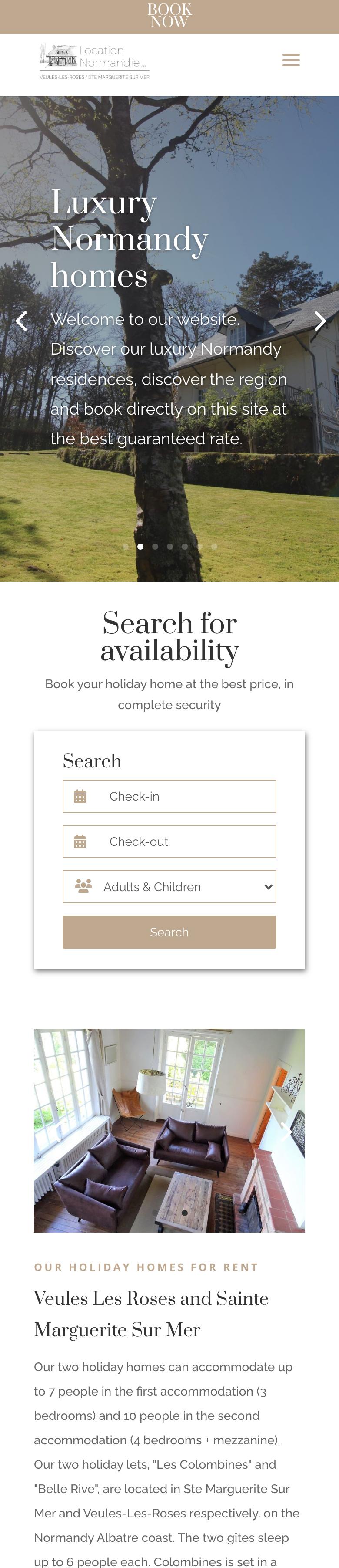 Full home page of the Location Normandie website on a phone, with the Book now bar fixed on screen and the house cards stacked