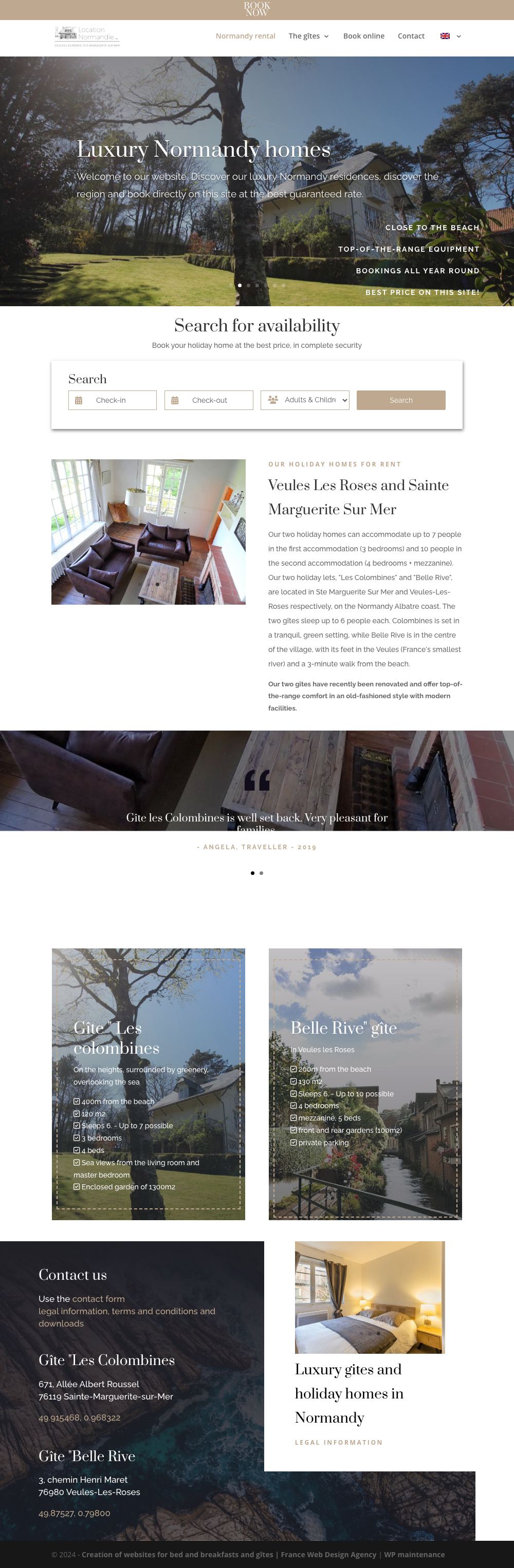 Full home page of the Location Normandie website on a desktop computer: slider with four reasons to book, availability search, a card for each of the two houses and guest testimonials