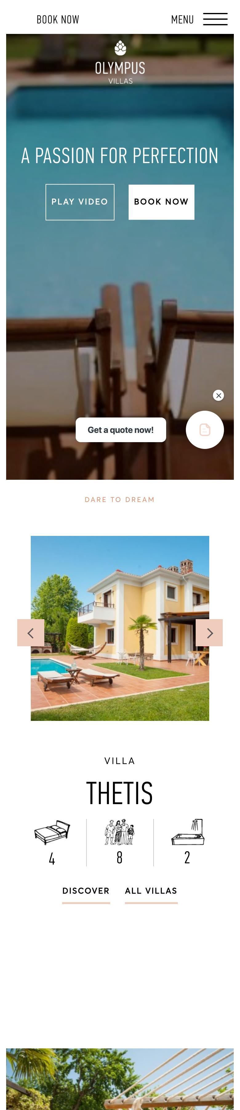 Full home page of the Olympus Villas website on a phone, with the villa cards stacked one under the other