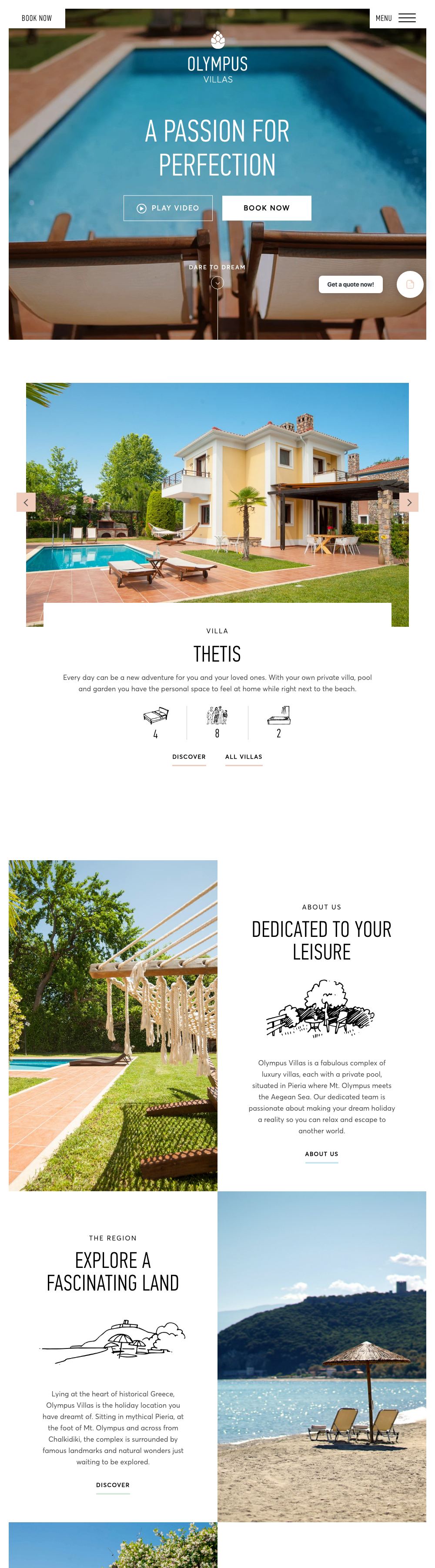 Full home page of the Olympus Villas website on a desktop computer: video opening, then the villas grouped by location, each card with icons for beds, guests and bathrooms
