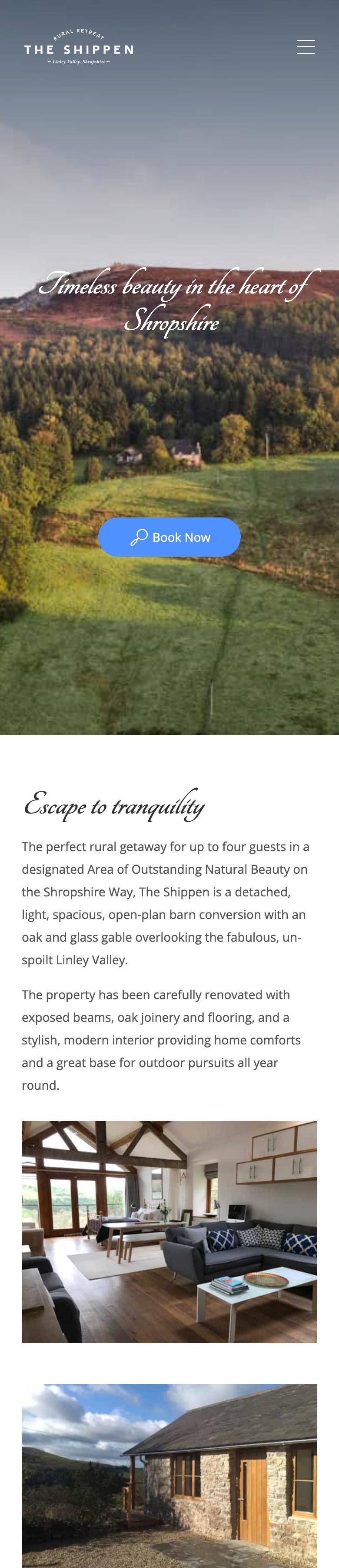 Full home page of The Shippen website on a phone, with a single Book Now button in place of the date picker