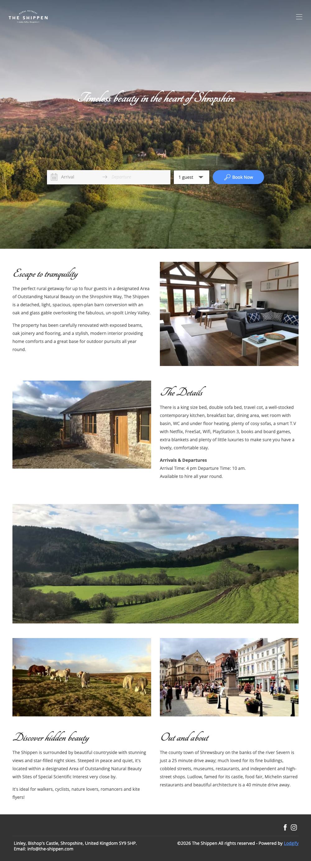 Full home page of The Shippen website on a desktop computer: aerial view of the hillside with an arrival and departure picker, then the barn conversion, its rooms and the surrounding area