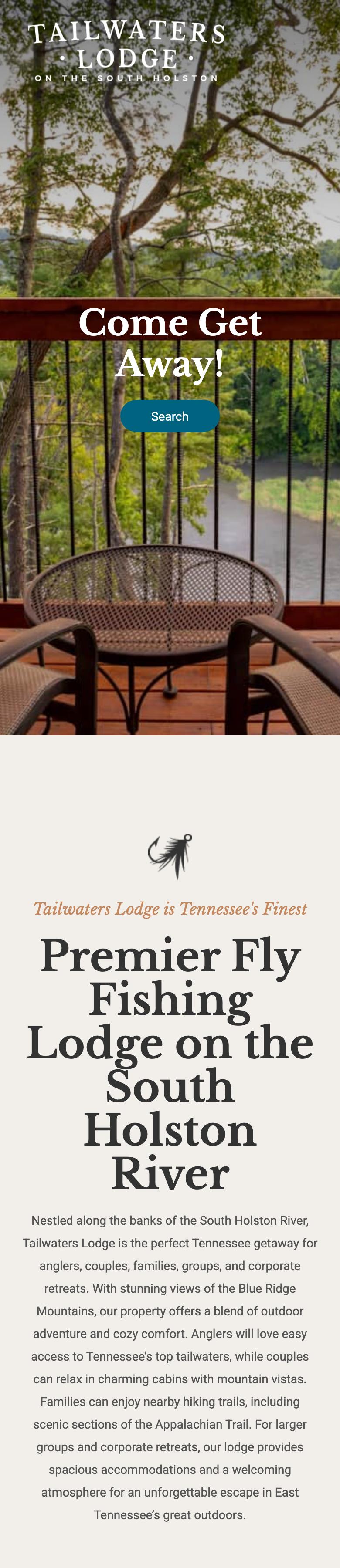Full home page of the Tailwaters Lodge website on a phone, with the search fields folded behind a single Search button
