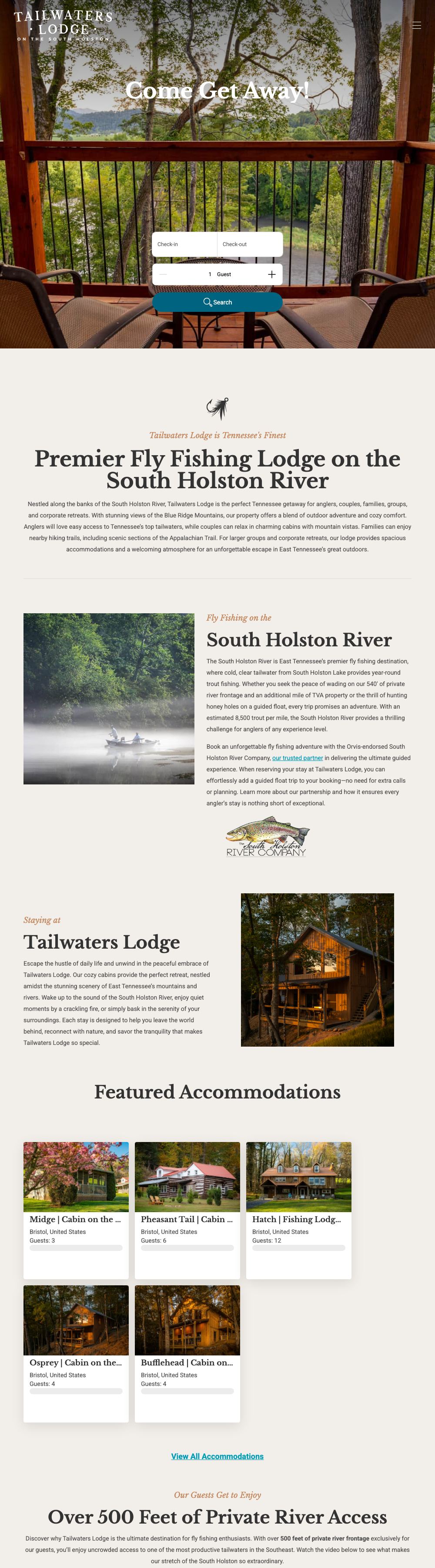 Full home page of the Tailwaters Lodge website on a desktop computer: river view with a date and guest search bar, featured cabins with guest counts, then the lodge