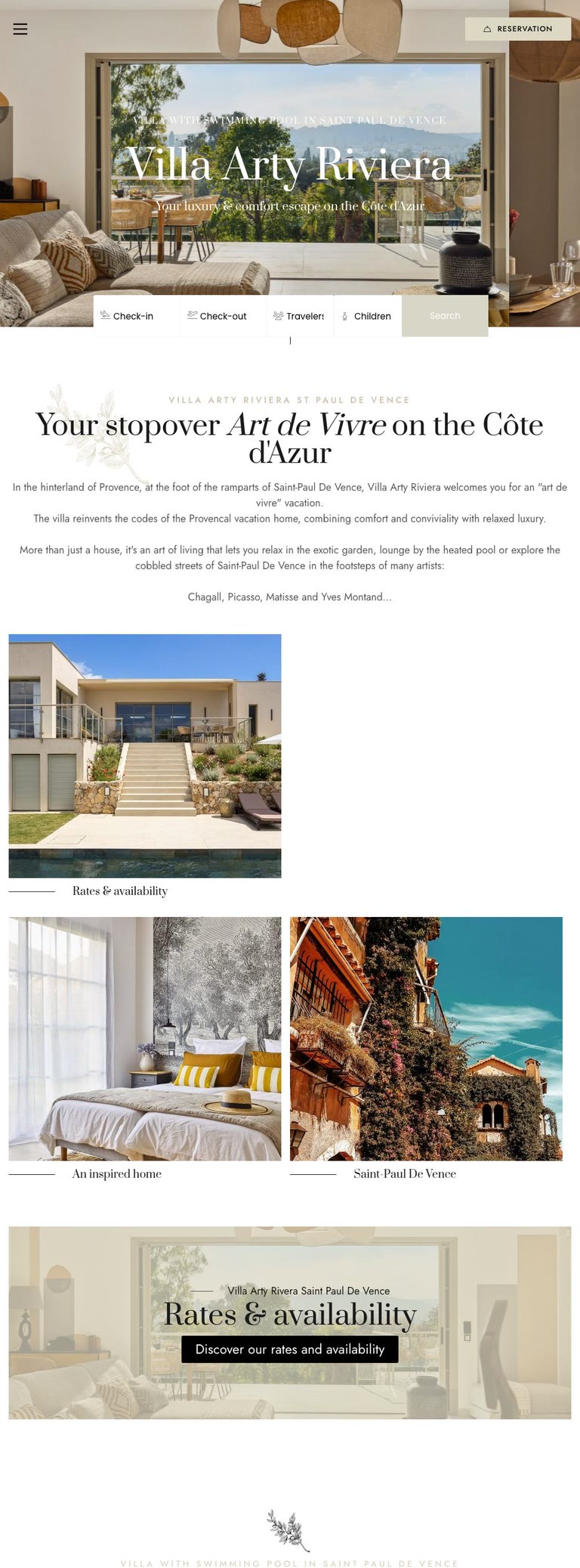 Full-page screenshot of the Villa Arty Riviera website, a villa with a heated pool in Saint-Paul-de-Vence