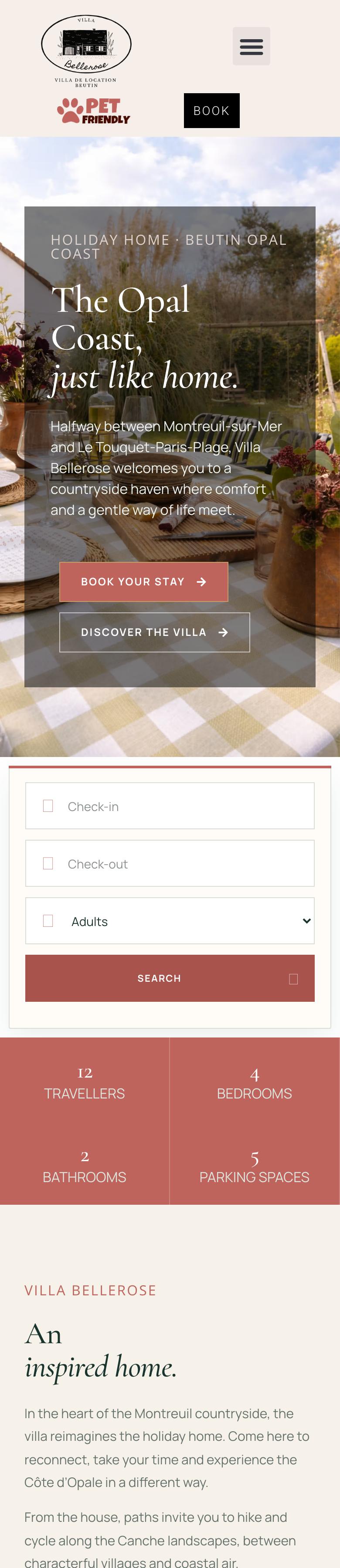 Full home page of the Villa Bellerose website on a phone, with the search fields stacked under the opening image