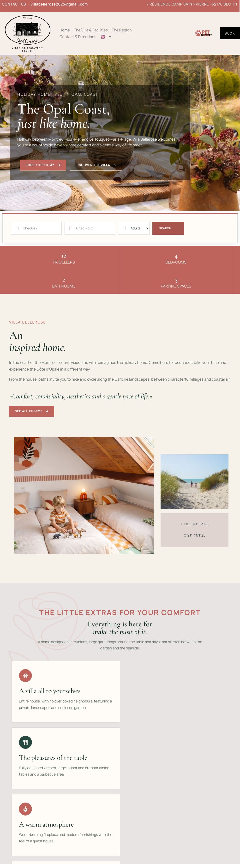 Full home page of the Villa Bellerose website on a desktop computer: the Opal Coast tagline, a date search bar, key numbers for the house, then its extras and the region