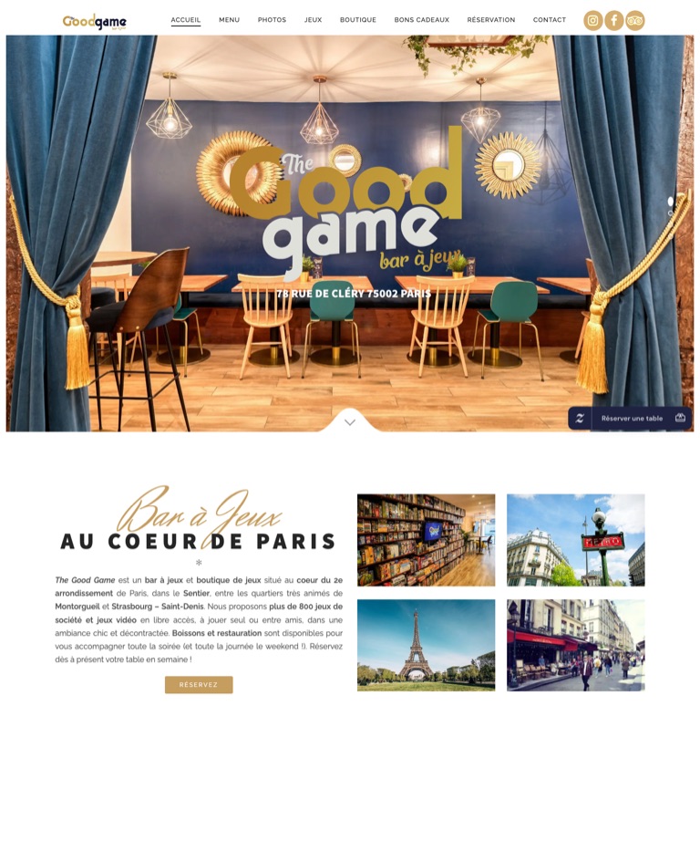 Capture de la page d’accueil du site The Good Game, bar à jeux à Paris