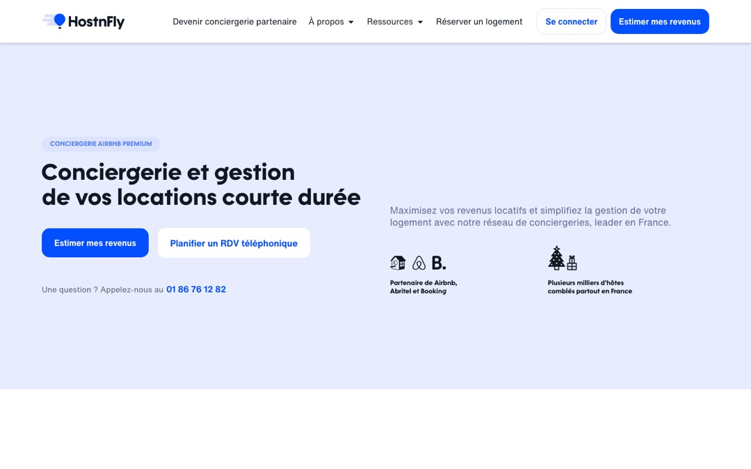 Accueil du site HostnFly : titre « Conciergerie et gestion de vos locations courte durée », boutons « Estimer mes revenus » et « Planifier un RDV téléphonique »