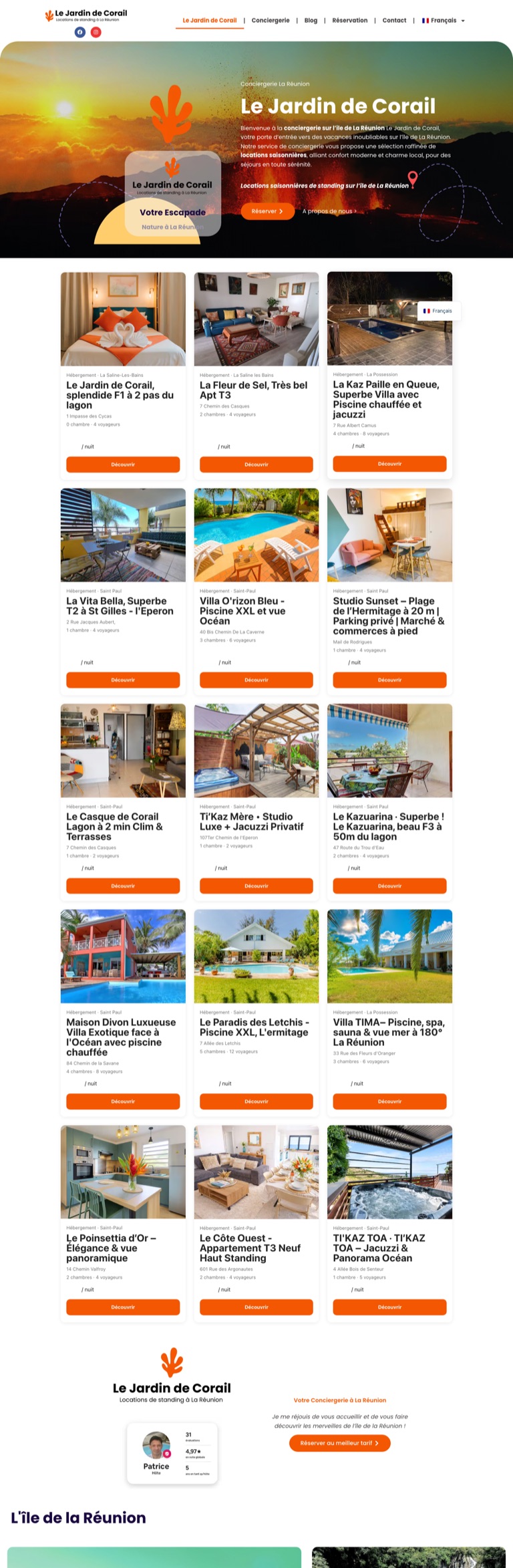 Capture pleine page du site de la conciergerie Le Jardin de Corail, à La Réunion : logements en cartes avec photos