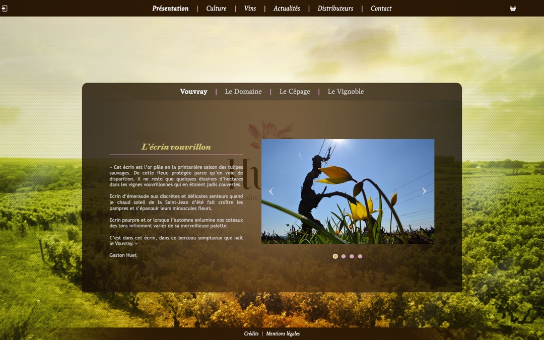 Accueil du site du Domaine Huet : menu brun en haut, fenêtre centrale sur fond de vignes avec le texte « L’écrin vouvrillon » et une photo de tulipes sauvages
