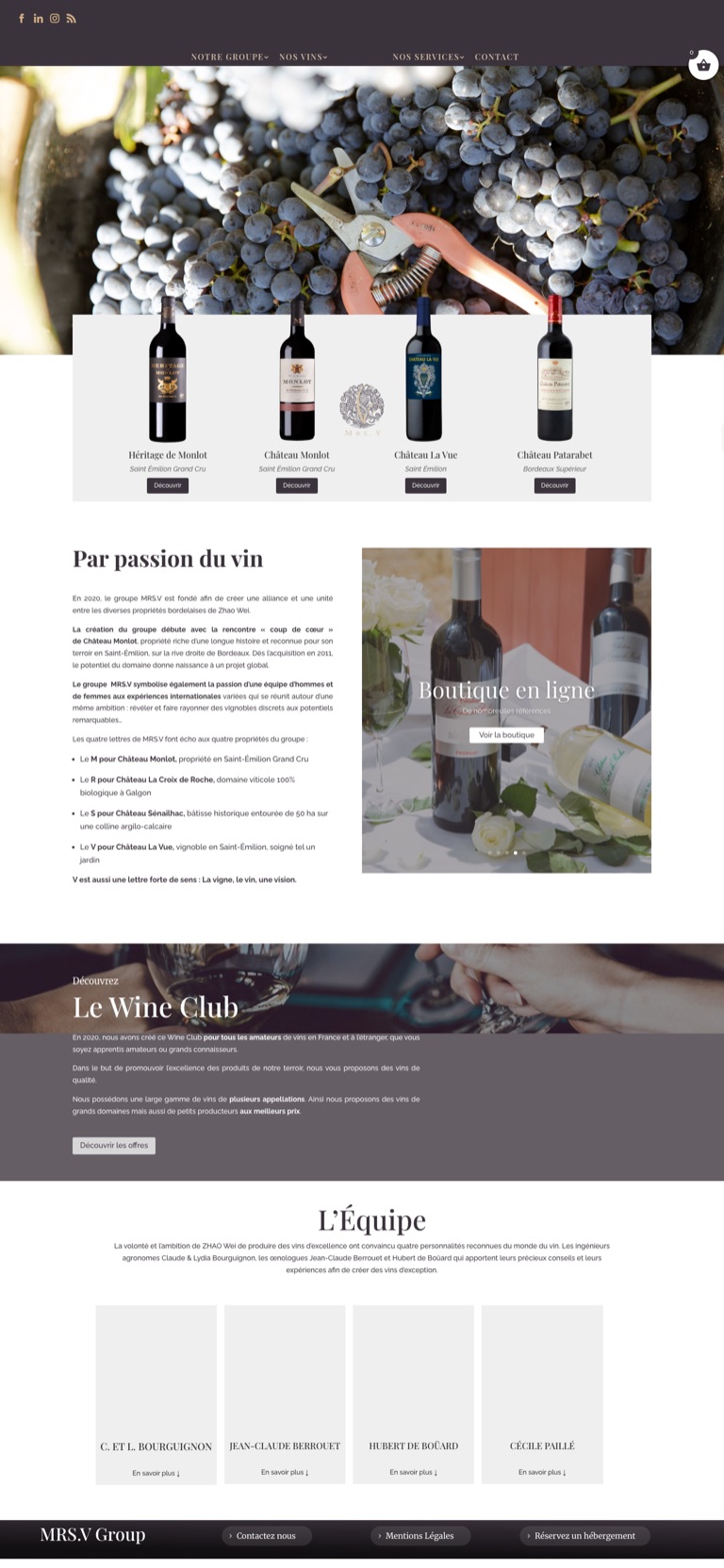 Capture pleine page du site du groupe MRS.V : cuvées en bouteilles, boutique en ligne et Wine Club