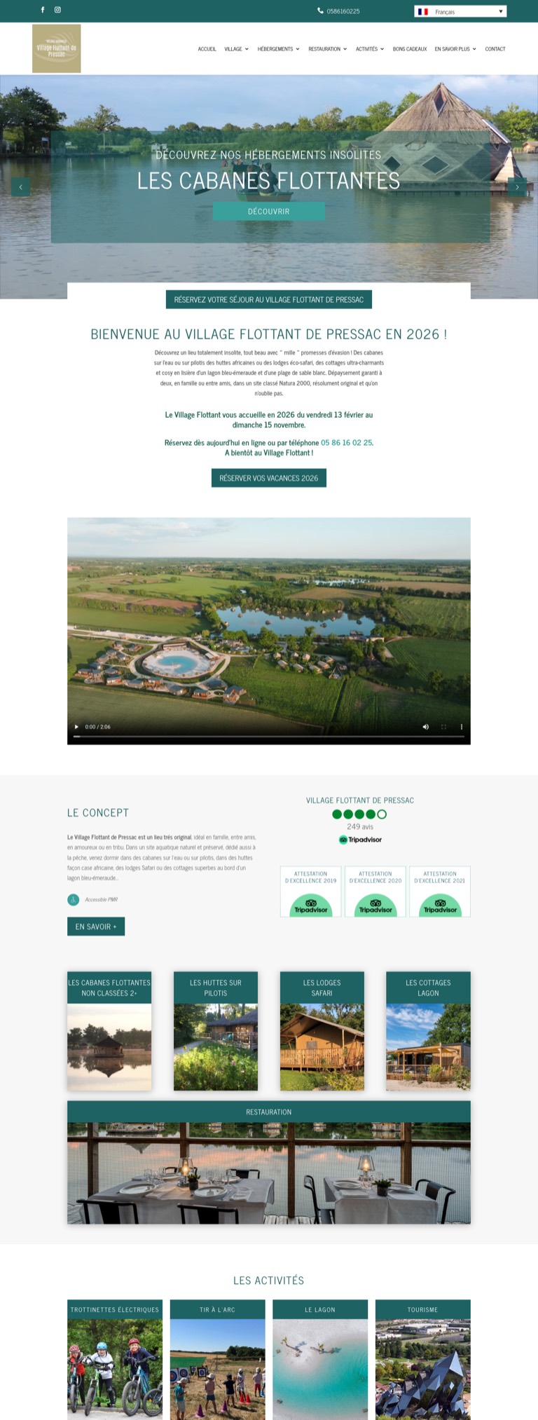 Capture pleine page du site du Village flottant de Pressac, village de cabanes flottantes, de huttes sur pilotis et de lodges au bord d’un lagon, dans la Vienne