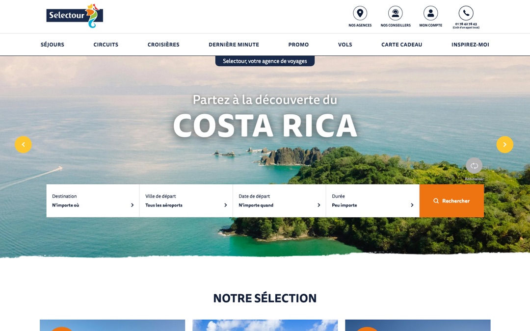 Accueil du site de Selectour : photo plein écran du Costa Rica, menu Séjours, Circuits, Croisières, Dernière minute, Promo, Vols, et bandeau de recherche par destination, ville de départ, date et durée
