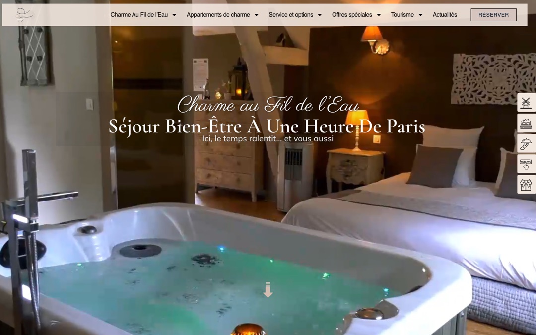Accueil du site Charme au Fil de l’Eau : une suite avec jacuzzi privatif et le titre « Séjour bien-être à une heure de Paris »