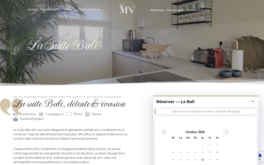 Page de la suite Bali du site Chez MV : photo de la cuisine, descriptif de la suite et calendrier « Réserver — La Bali »
