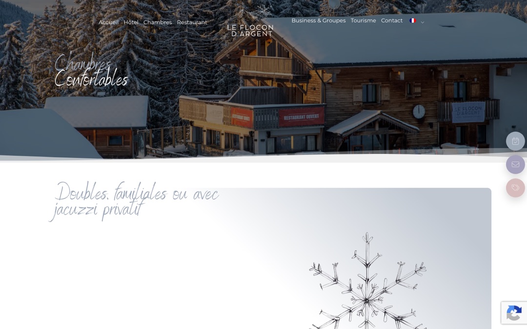 Page des chambres du site du Flocon d’Argent : photo de neige et logo de l’hôtel