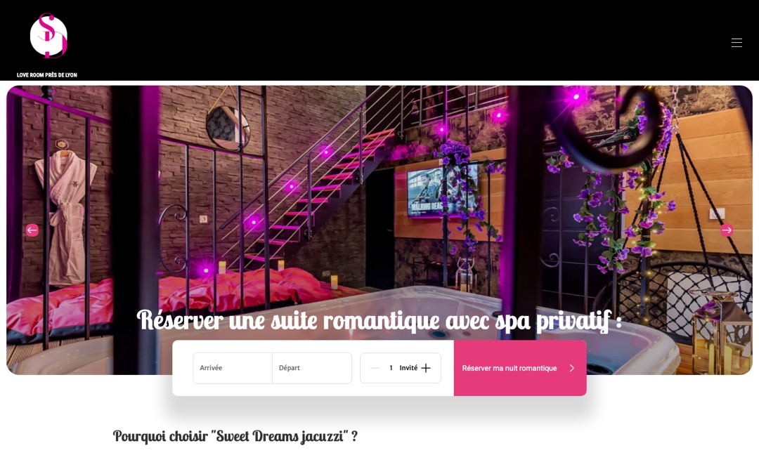 Accueil du site Sweet Dreams Jacuzzi : photo d’une suite aux lumières roses et formulaire de dates sous le titre « Réserver une suite romantique avec spa privatif »