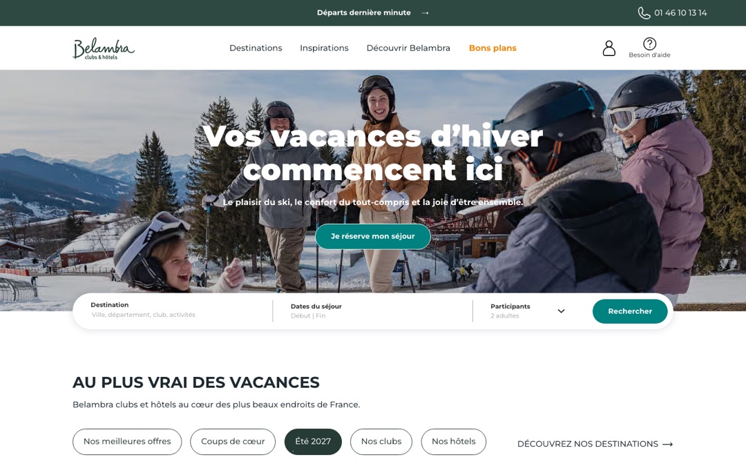Accueil du site Belambra : bandeau « Départs dernière minute » et numéro de téléphone, menu (Destinations, Inspirations, Découvrir Belambra, Bons plans), photo de skieurs, titre « Vos vacances d’hiver commencent ici », bouton « Je réserve mon séjour » et formulaire de recherche (destination, dates, participants)