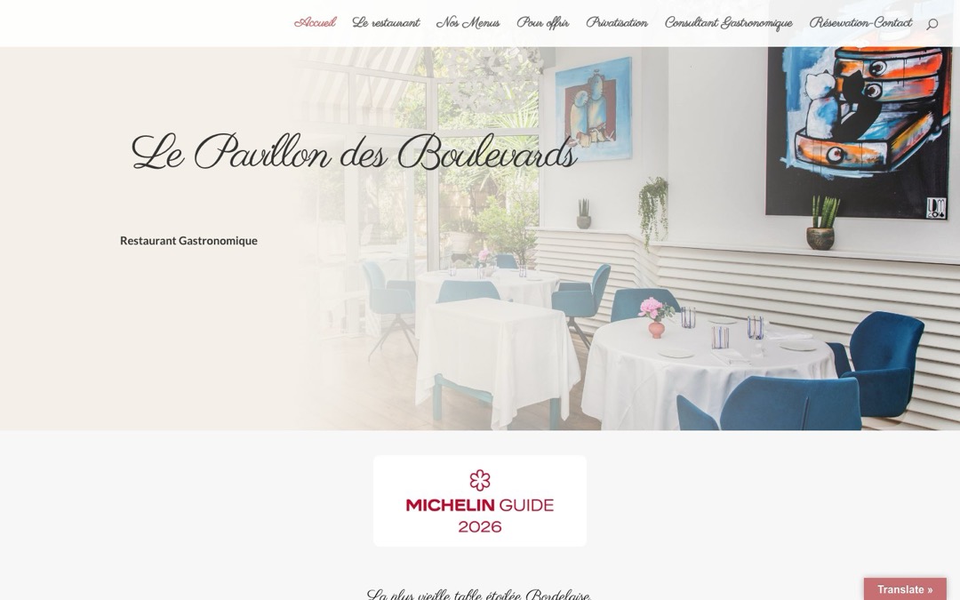Accueil du site du Pavillon des Boulevards à Bordeaux, restaurant gastronomique, avec son menu : le restaurant, nos menus, pour offrir, privatisation, réservation