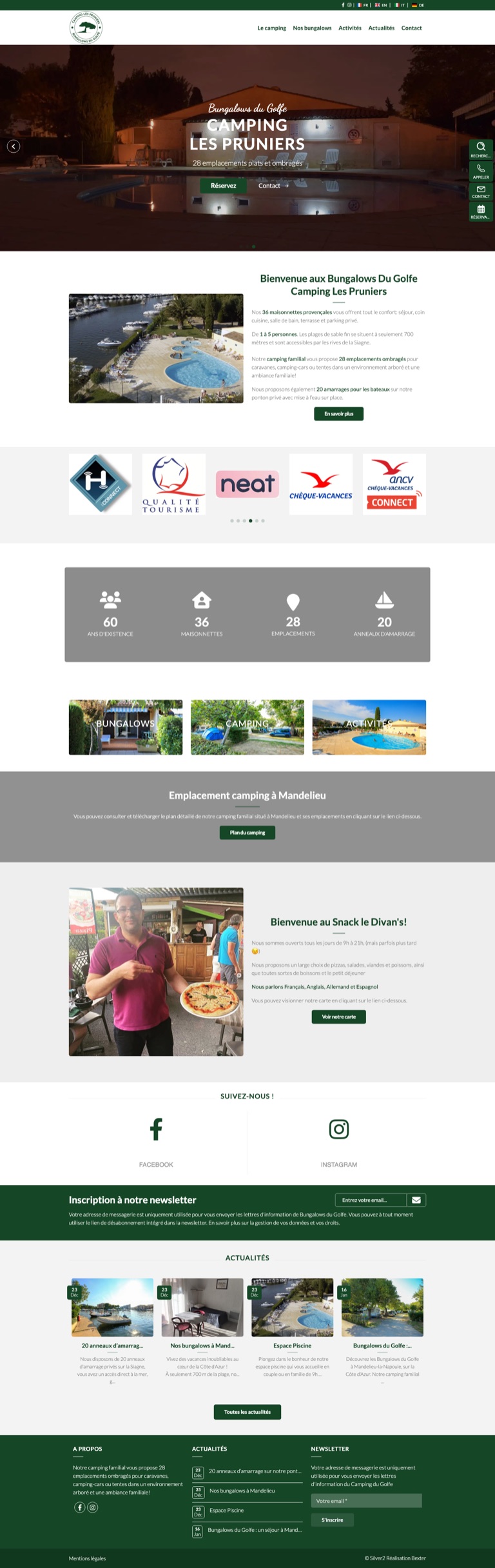 Capture pleine page du site des Bungalows du Golfe, camping et bungalows à Mandelieu-la-Napoule