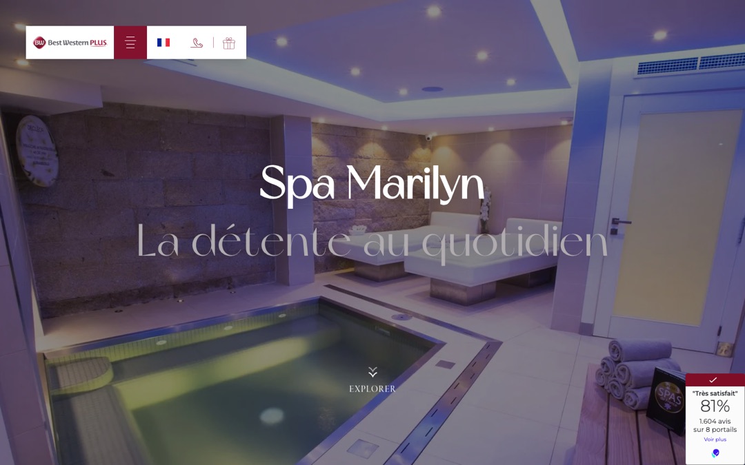 Page du spa Marilyn de l’hôtel Cannes Riviera : photo plein écran du bassin et des banquettes, titre « Spa Marilyn, la détente au quotidien »