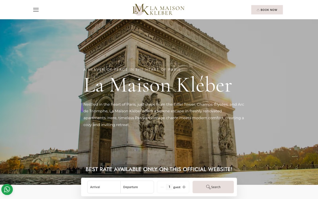 Accueil du site de La Maison Kléber : photo de l’Arc de Triomphe, titre « La Maison Kléber », phrase d’accroche sur le meilleur tarif du site officiel et formulaire de dates