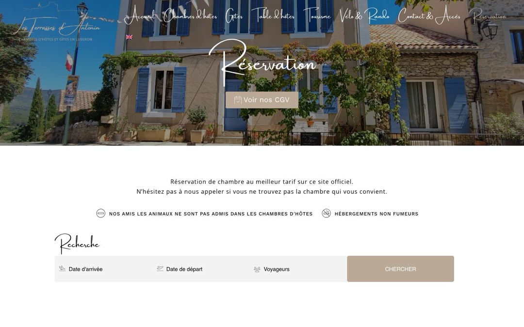 Page « Réservation » du site Les Terrasses d’Antonin, exemple de système de réservation directe : bouton « Voir nos CGV » et recherche par dates (arrivée, départ, voyageurs)