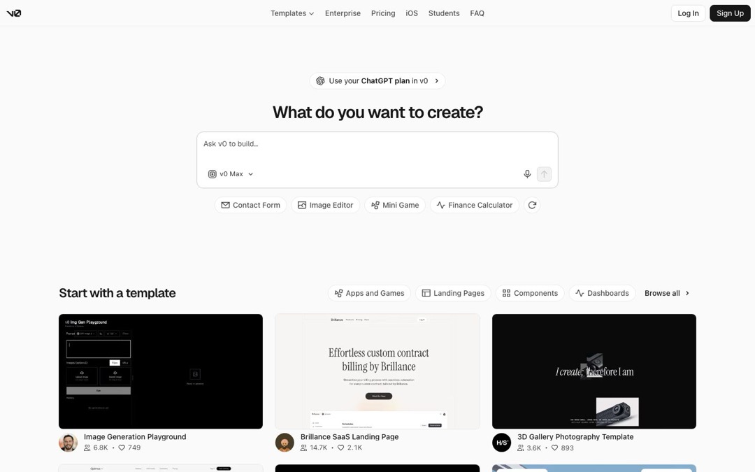 Page d’accueil de v0 en anglais : la question « What do you want to create? », une zone de saisie, quatre exemples de demandes et des modèles de pages à explorer