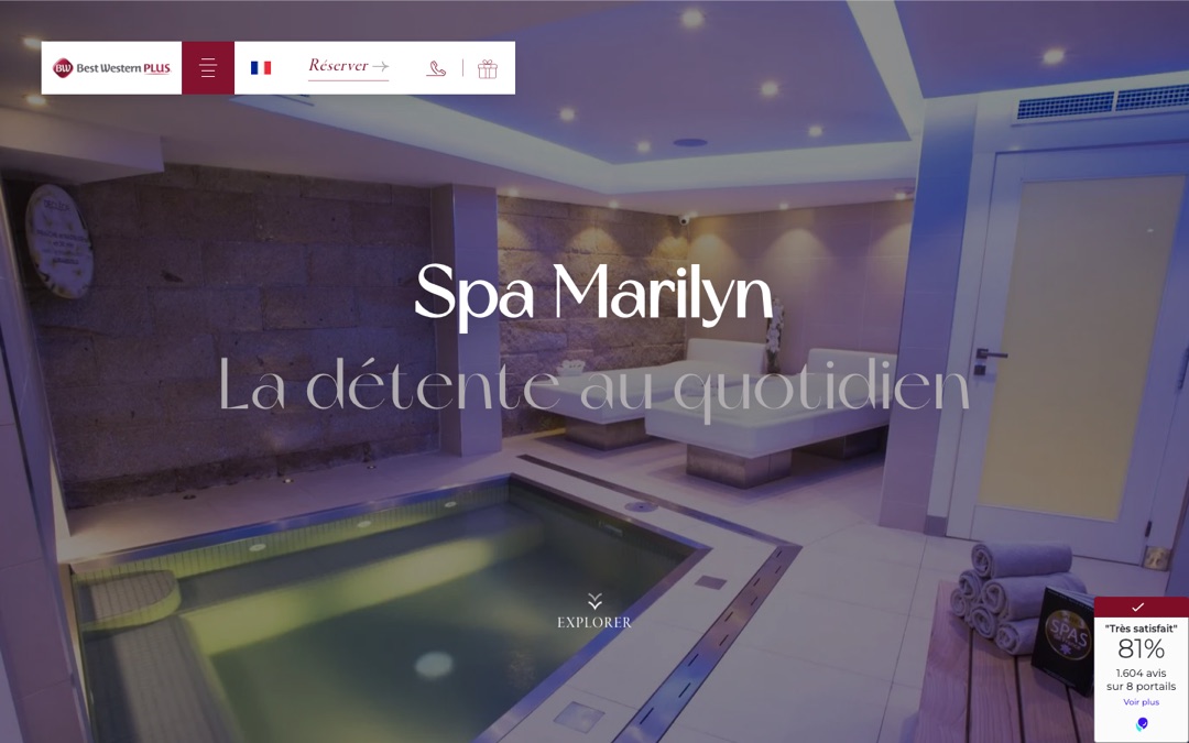 Page du spa de l’hôtel Best Western Plus Cannes Riviera & Spa, avec le widget Customer Alliance en bas à droite de l’écran