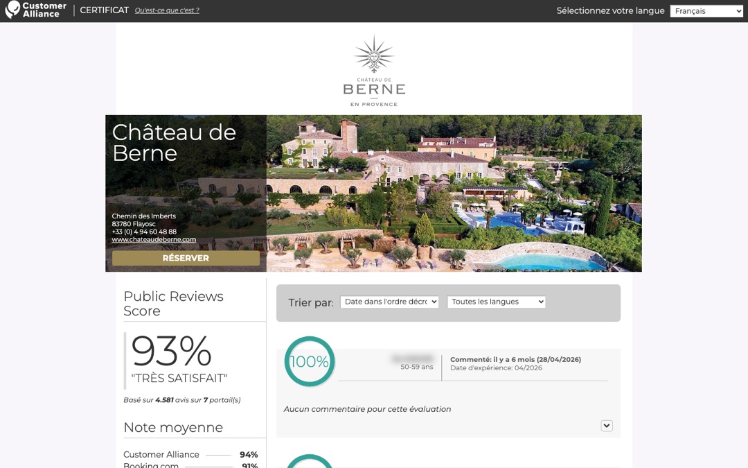 Page de certificat Customer Alliance du Château de Berne : logo, photo du château, score public, moyennes par portail et premier avis