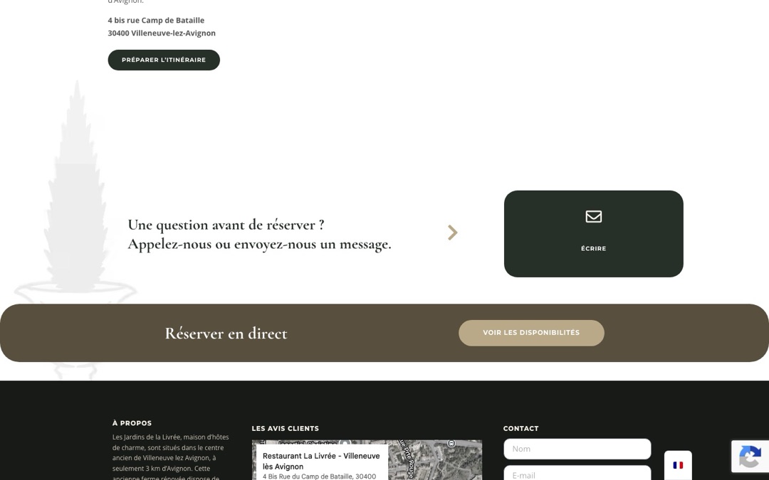 Bandeau « Réserver en direct » du site des Jardins de la Livrée avec le bouton « Voir les disponibilités »