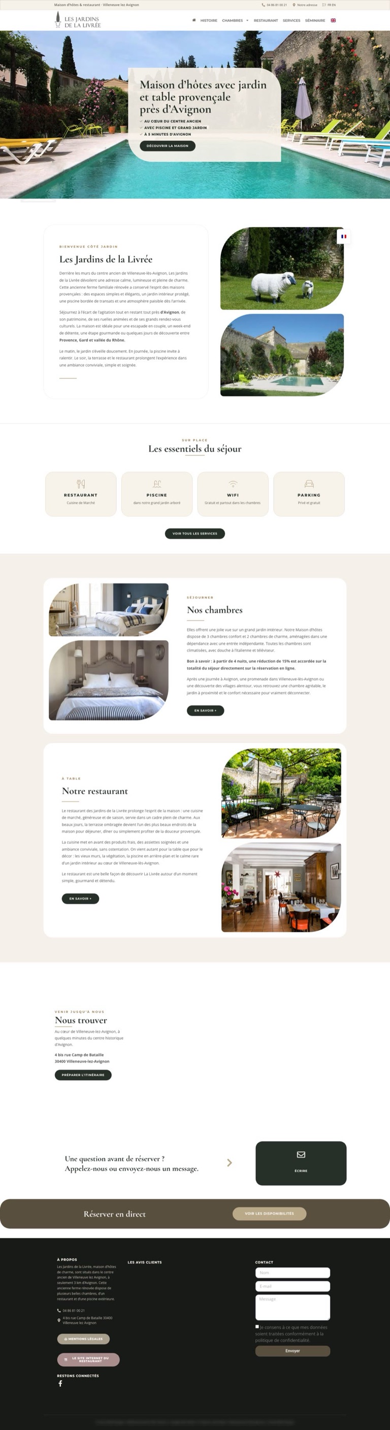 Capture pleine page du site des Jardins de la Livrée, maison d’hôtes avec restaurant près d’Avignon dont le moteur de réservation est eviivo
