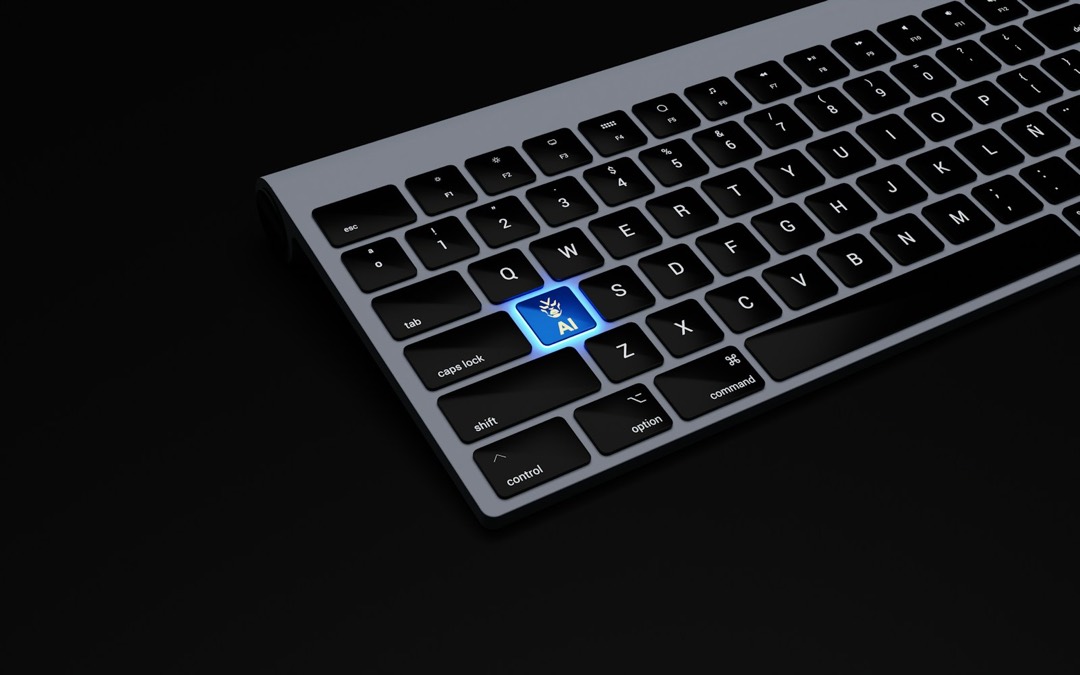 Clavier d’ordinateur sombre dont une touche bleue lumineuse porte les lettres AI